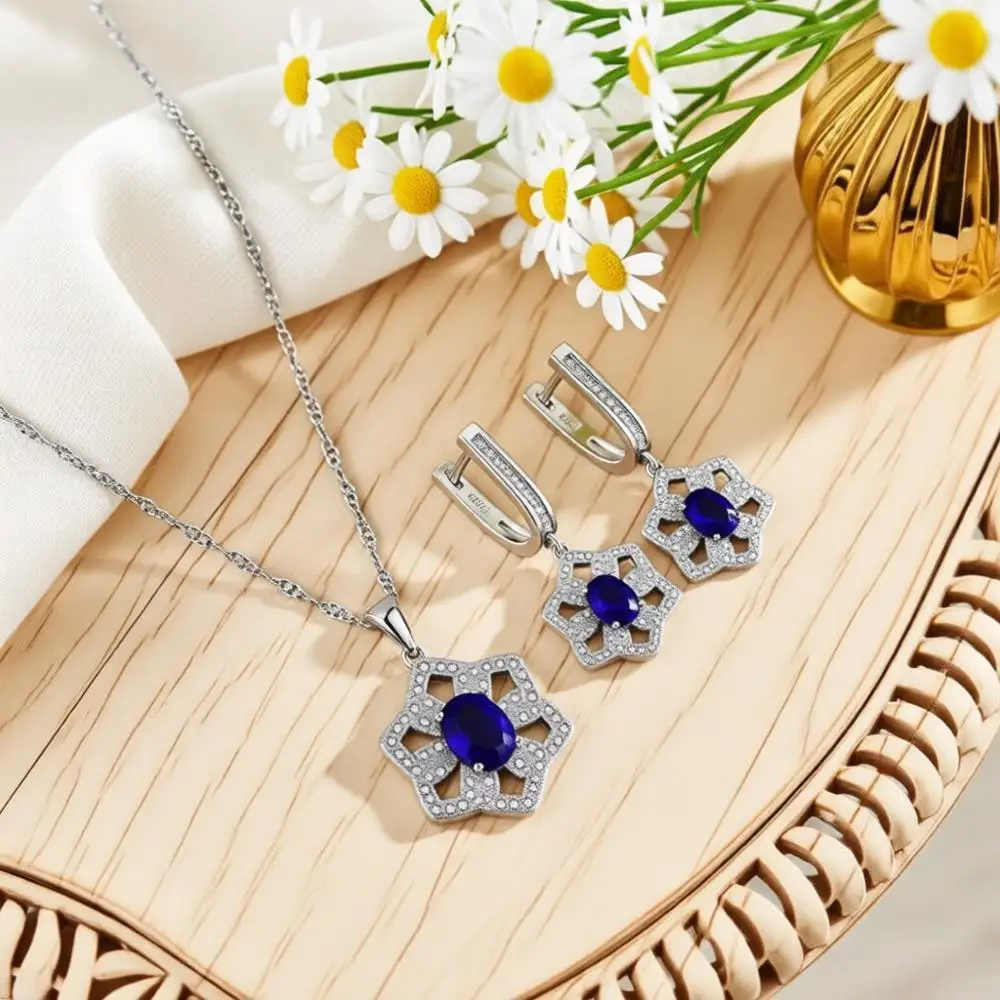 Luxurious 925 Sterling Silver Geometry Blue Crystal Zircon Necklace Drop Earrings Set for Women Girls Wedding Party Jewelry Gift view 6