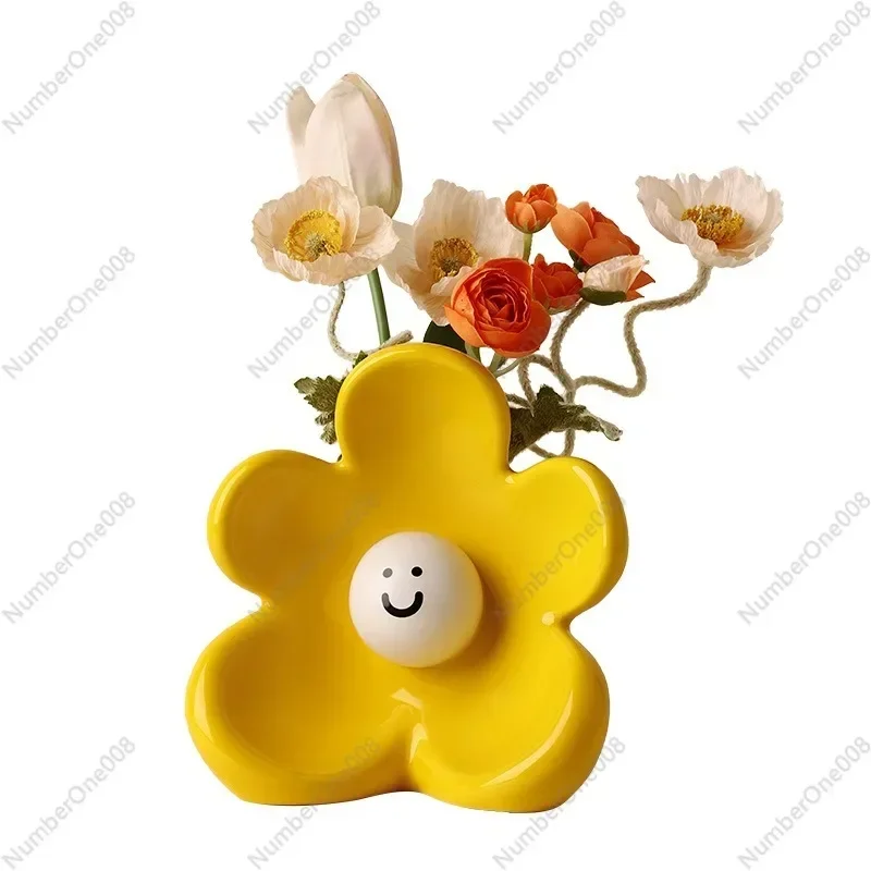 Ceramic Flower Vase Smile Face Cute Home Decor Aesthetic Flower Pot