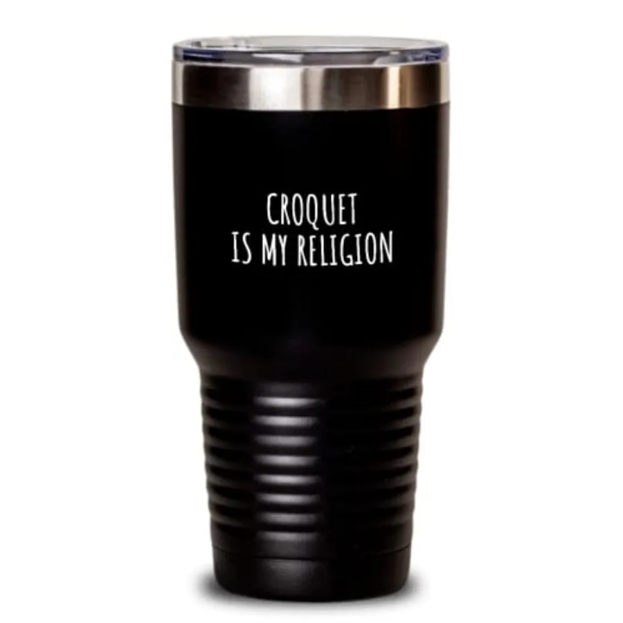 Vaso Térmico con Tapa, Diseño 'Croquet Es Mi Religión', Idea de Regalo Divertida para Amantes del Croquet, 30 Oz, Color Negro