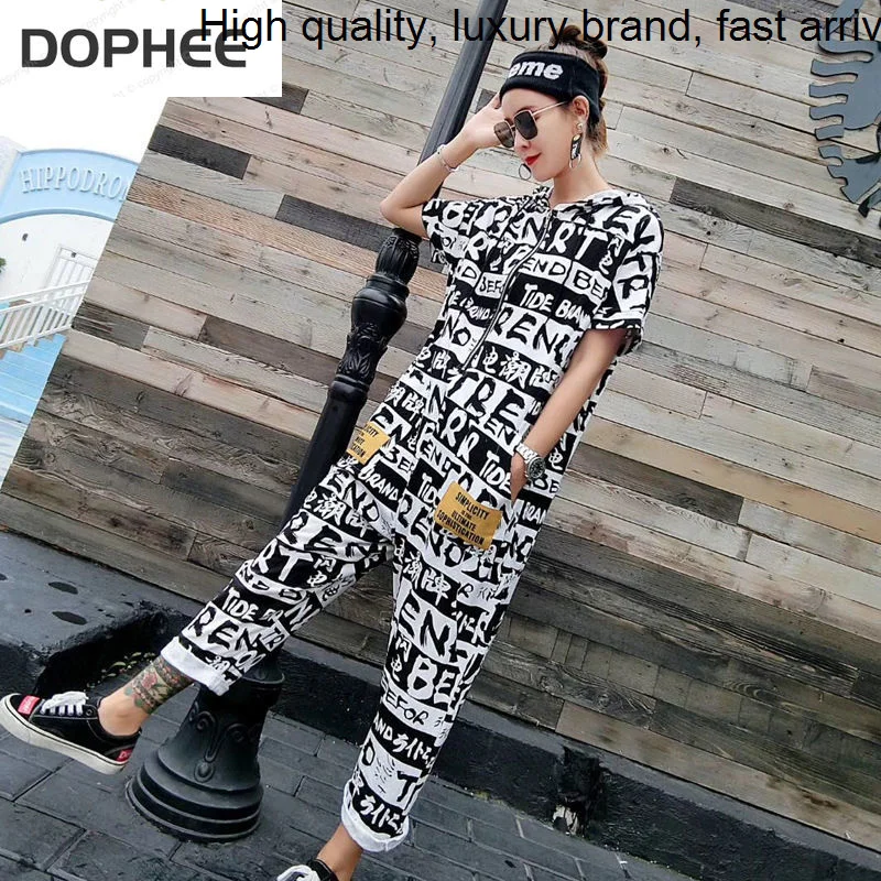 Summer 2023 New Fashion Lady Short Sleeve Jumpsuits Graffiti Alphabet Printed Loose Rompers Trendy Women Ankle-length Pants