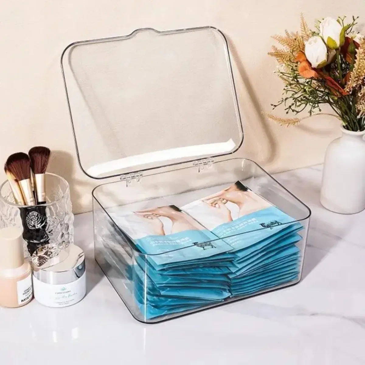 Transparent Flip Top Desktop Storage Box Multi Functional Clutter Organizer for Cosmetics Jewelry Bathroom Home Office