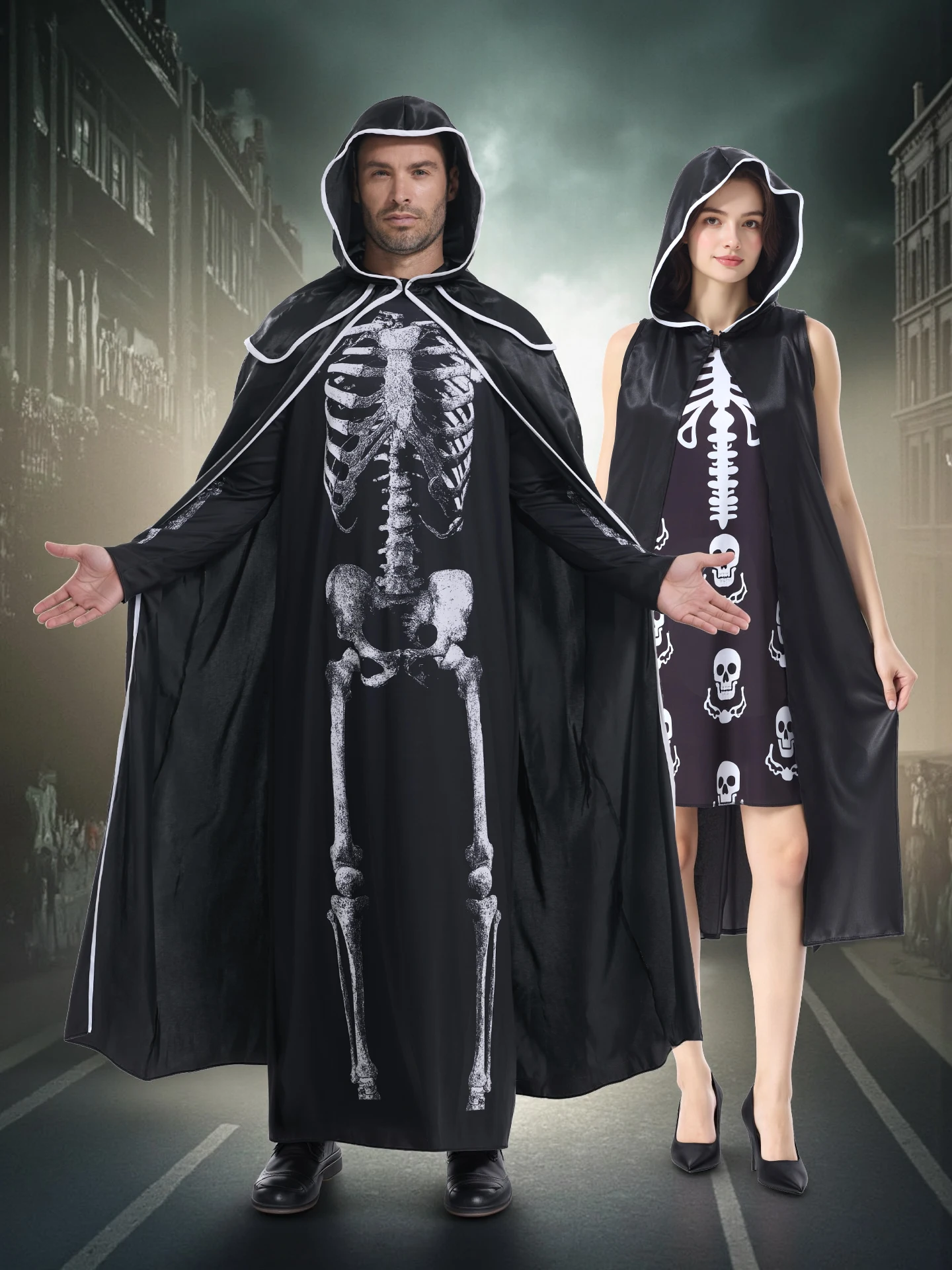 

Ролевой костюм на Хэллоуин, мужская и женская одежда для выступлений на сцене, халат со скелетом Bla, сценическое представление...