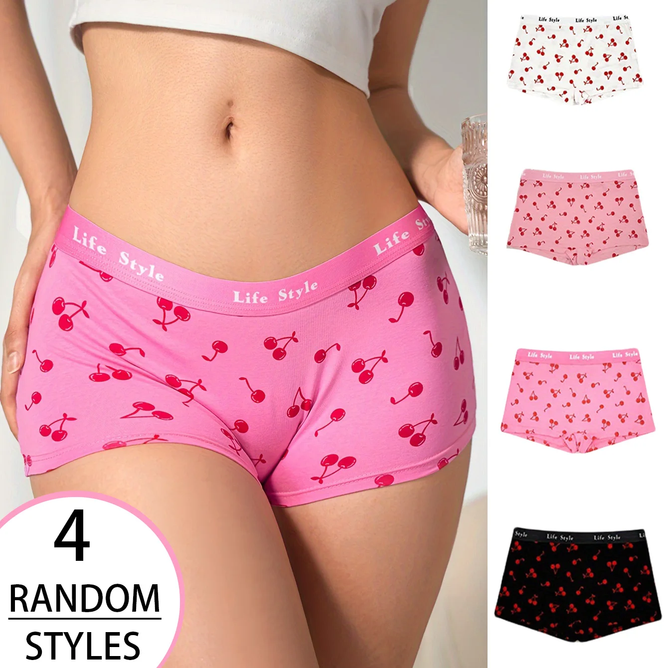 Confezione da 4 boxer da donna con motivo a frutta a colori misti, stampa ciliegia, biancheria intima comoda in cotone casual da viaggio per la casa