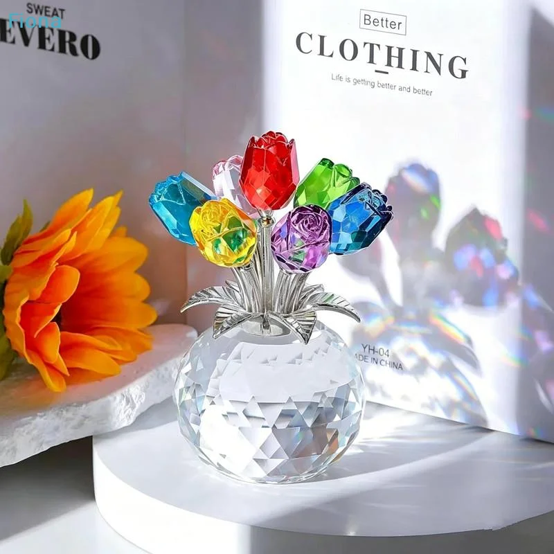 ✓Colorful Crystal Rose Bouquet with Vase,Glass Flower Figurine