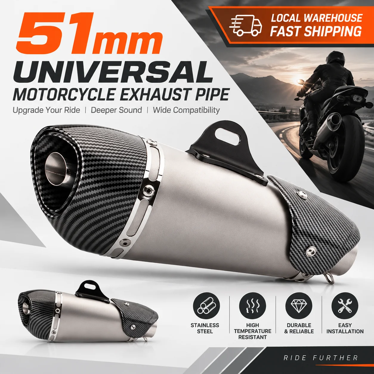 Image of 51-mm-Universal-Auspuffrohr für Motorräder, Alpha-Schalldämpfer, passend für R3, MT07, FZ1, R6, R15, ZX6R, ZX10, Z900, Z400, CBR1000, GSXR1000.