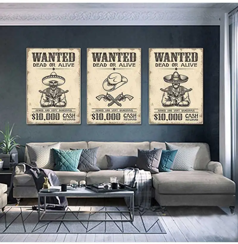 Vintage Wild West Wanted Old Poster Hat Crossed Guns Canvas Paintings Wall Art Print Picture for Living Room Interior Home Decor