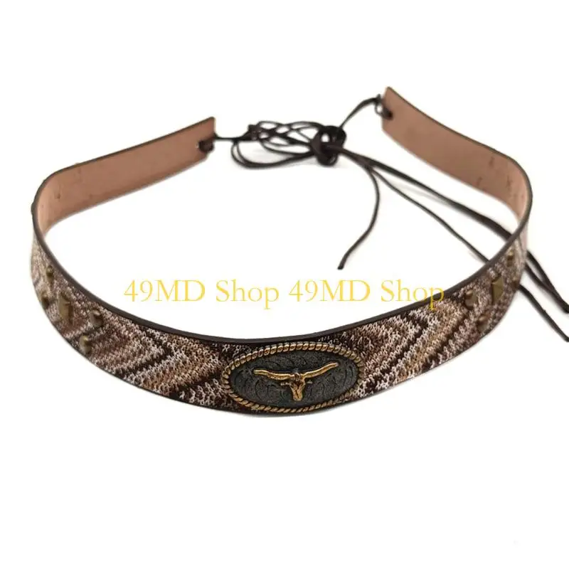 49MD Ethnic Stitched PU Hat Bands for Straw and Felt Fedoras Hats Panama Hat