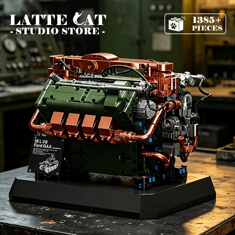 NEW Mechanical V8 Engine 3D Model MOC Bricks T34-V2 Tank Motor Building Blocks Assembly Toys Adult Teen Birthday Gift Home Decor