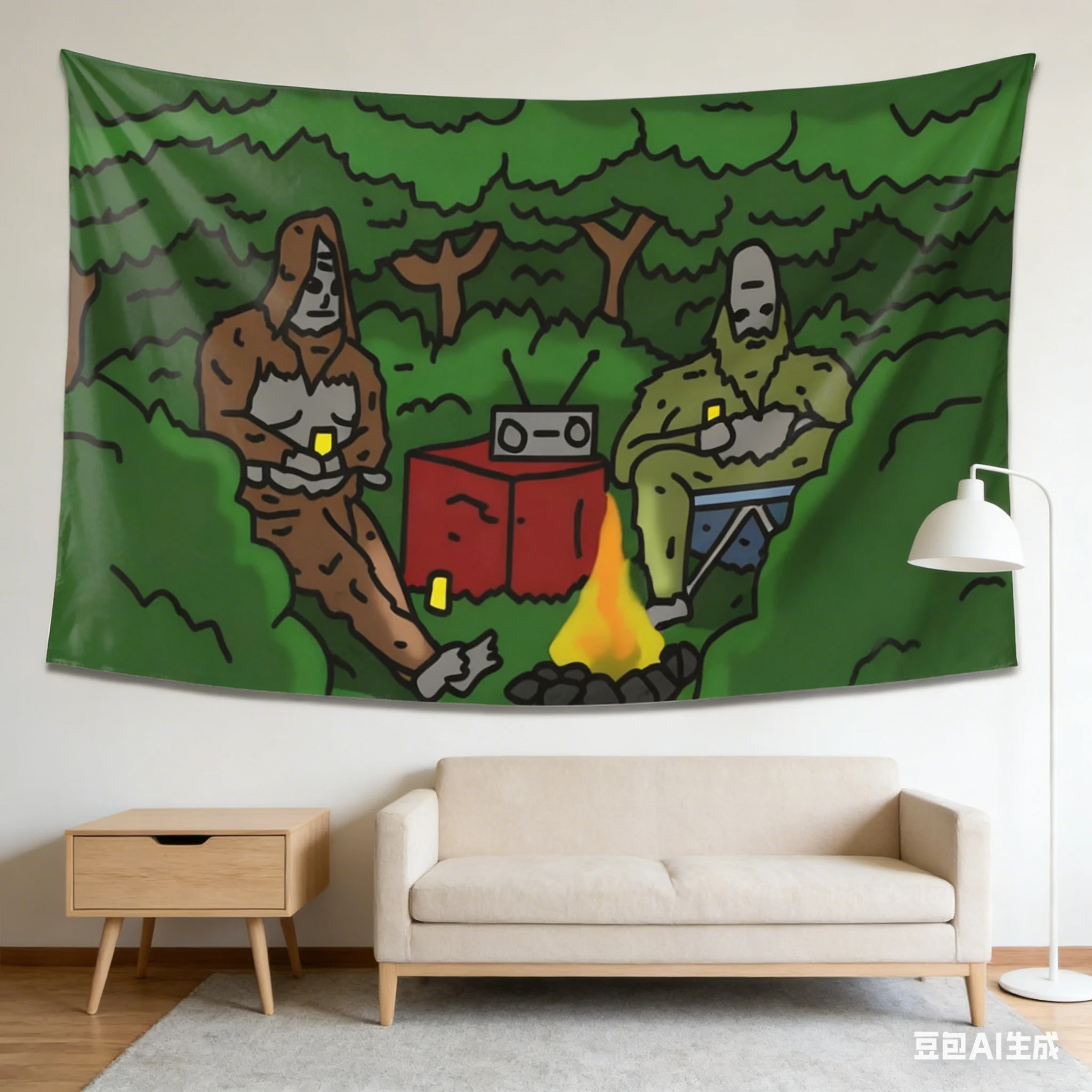 Funny Bigfoot Camping Tapestry, Meme Style Cartoon Print, Green Forest Wall Hanging for Bedroom & Dorm Room