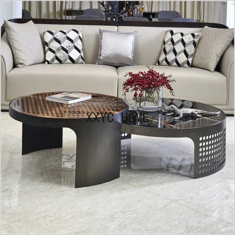 

Mild Luxury Marble Coffee Table Stainless Steel round Tea Table Hong Kong Style Simple Size Tea Table Combination