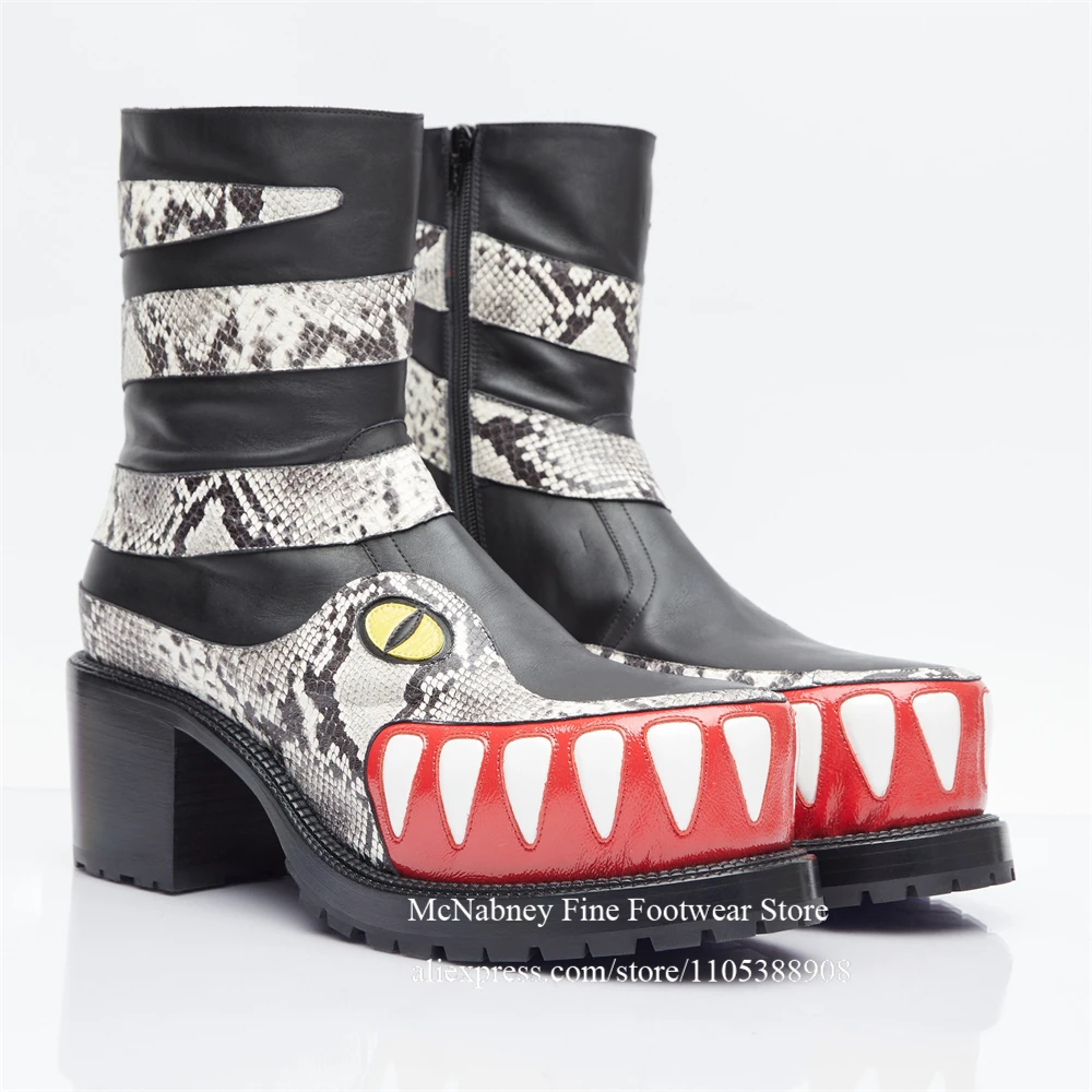 Mittelhoch geschnittene Stiefel mit Schlangenmuster und Krokodilzähnen, klobiger Absatz, Reißverschluss, Kontrastfarbe, neuartige Schuhe für Herren, Punk-Schuhe, mehrfarbig