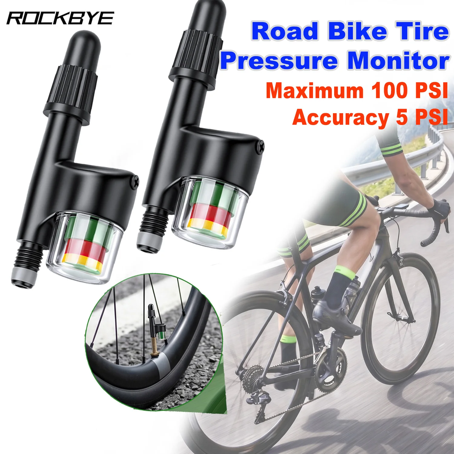 Rockbye Bike Tire Pressure Sensing Monitor For Road Bicycle/ FV Tire Removable Valve Core Maximum 100 Psi