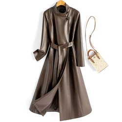 New Women Spring Autumn Leather Coat Elegant Fashion Stand Collar Long Sleeve Long Trench Coat Split Leather Casual Overcoat