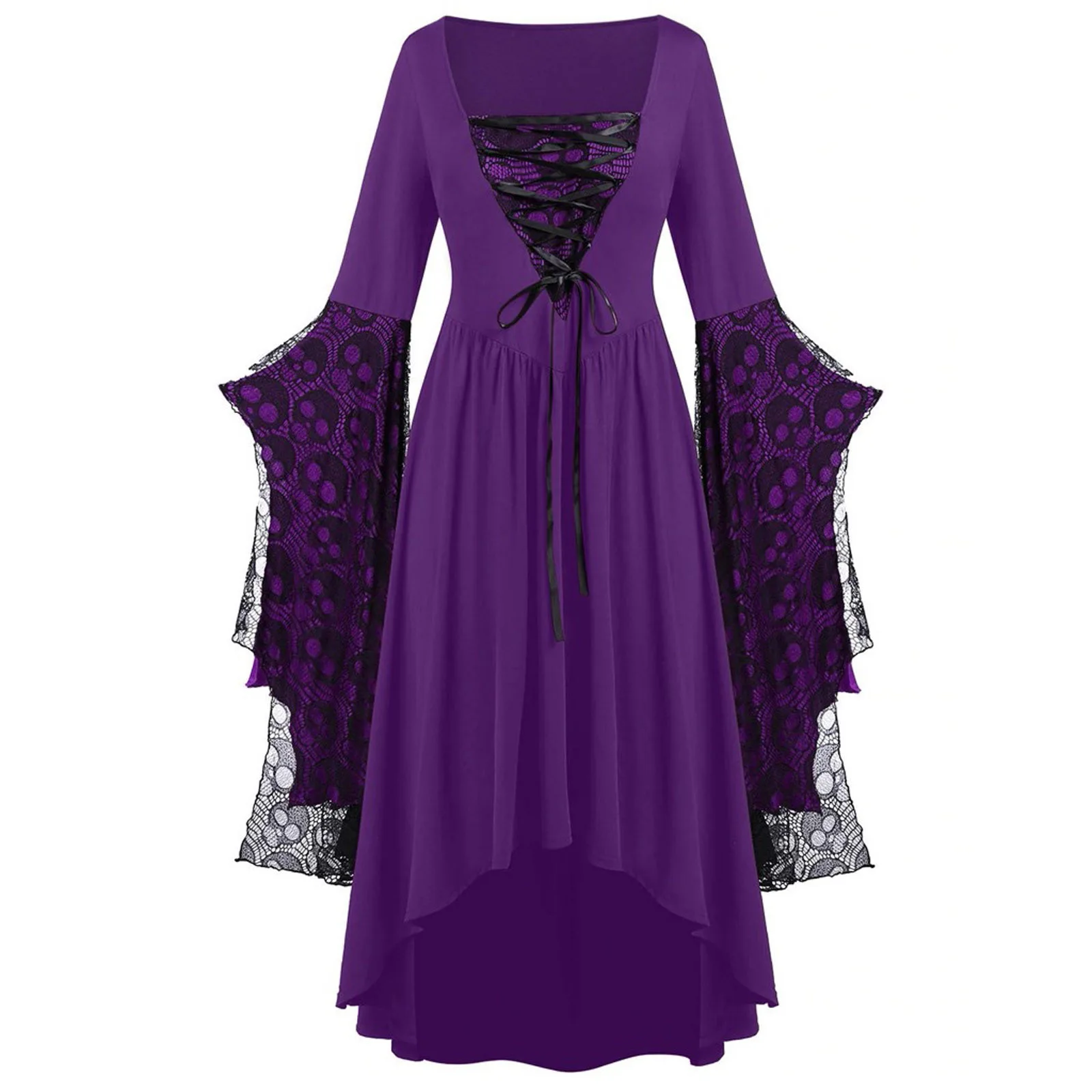 Plus Size 1XL-5XL Women Fashion Skull Lace Strap Dress Popular Party Dress Halloween Temperament Retro Halloween Long Dress