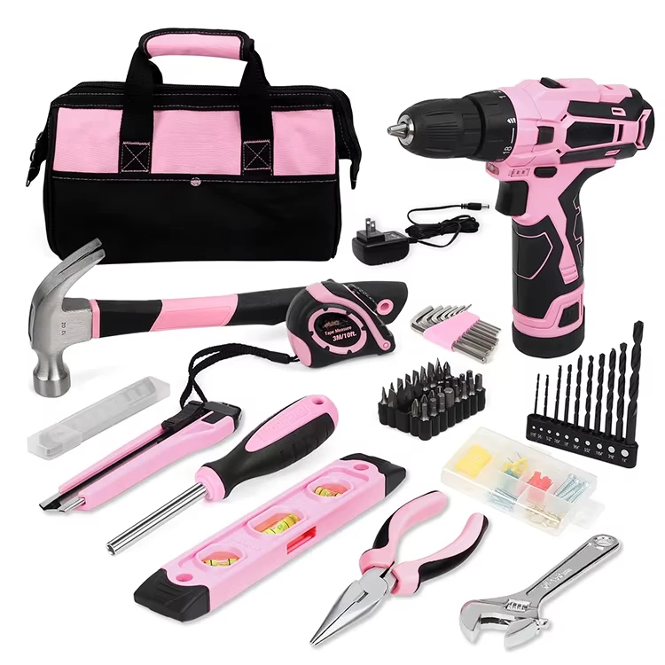 61 Pieces Hand Tool for DIY Home Maintenance 12V Pink Cordless Power Drill Home Tool Kit