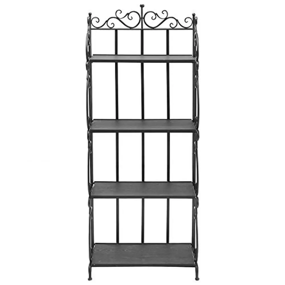 Black Metal Decorative Bakers Rack with 4 Tiered Shelves and Scrollwork Frame Indoor Plant Stand and Bookshelf Organizer