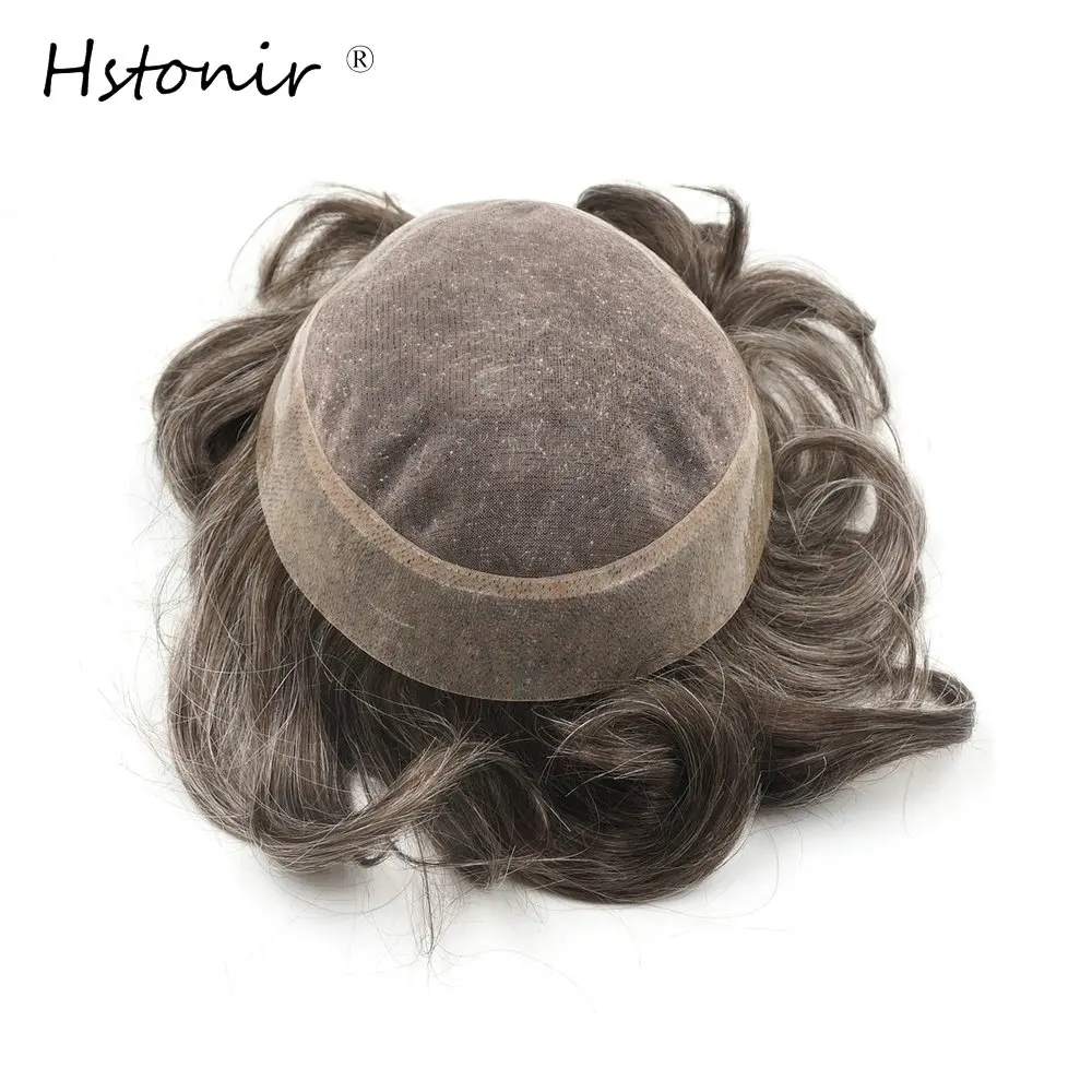 هستونير 8x10" 520 # بني مع 20% شعر رمادي للرجال شعر ريمي هندي بشري شعر مستعار أحادي الدانتيل قطعة شعر يدوية الصنع H005 #6