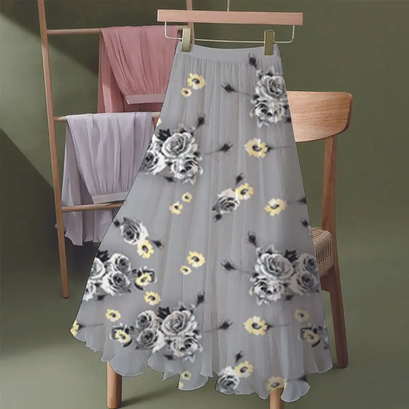 Women's Floral Skirt High Waist Long New 2025 Printed Chiffon Skirt Summer Woman Skirts Mujer Faldas Umbrella Skirt A963