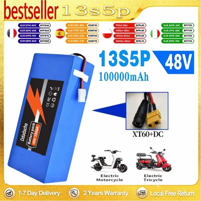 NEUER 13S5P-Akku 48 V 100 Ah 18650 Lithium mit integriertem intelligentem BMS für 500–1000 W elektrische Maschinen + Ladegerät