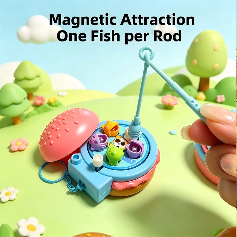 Hamburger Style Mini Fishing Game Keychain Rotating Magnetic Fish Catching Fidget Toy Backpack Charm Educational Toy Party Gifts