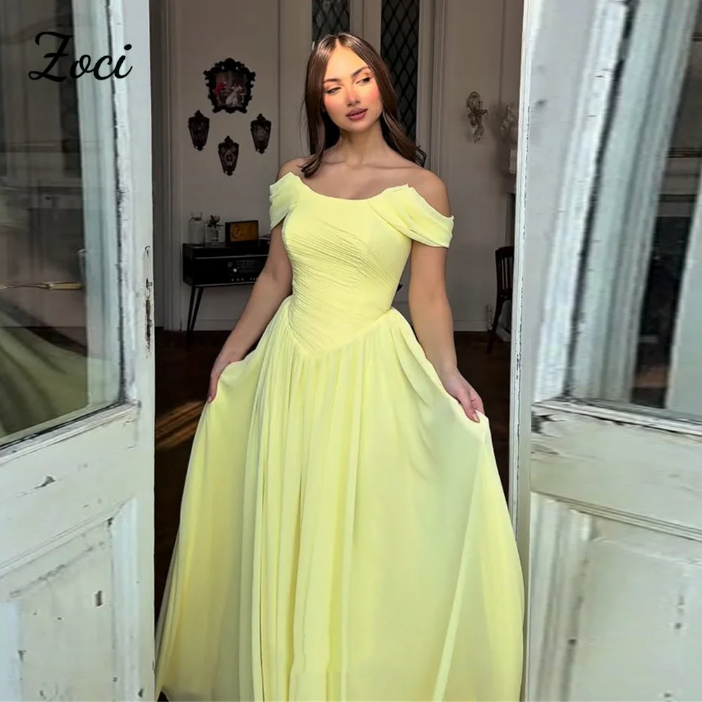 

Желтое шифоновое длинное вечернее платье Zoci с индивидуальной отделкой плиссировкой, платье для выпускного вечера с открытыми плечами, нарядное платье для особых случаев, наряд для дня рождения