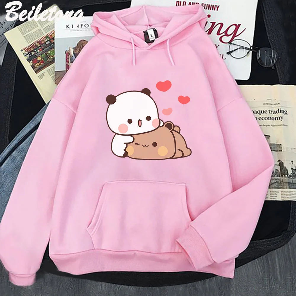 Cute Panda Bear Cartoon Hoodie Long Sleeve Bubu Dudu Korean Style Sweatshirts Women 90s Pink Funny Prints Harajuku Pocket Kawaii