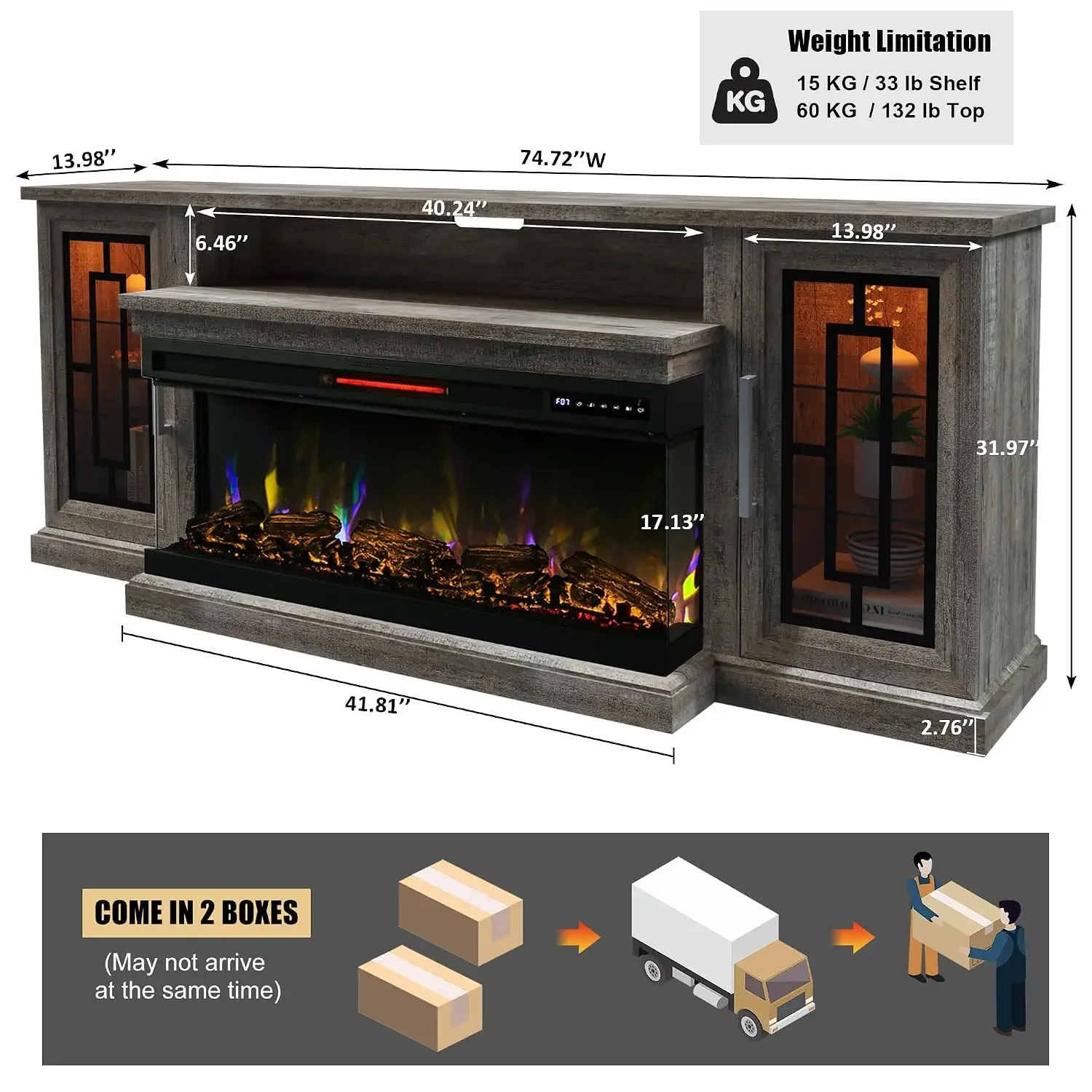 75 Inch Electric Fireplace TV Stand, 3- Side Glass LED Modern Media Entertainment Center Console Table for TVs up, Customized