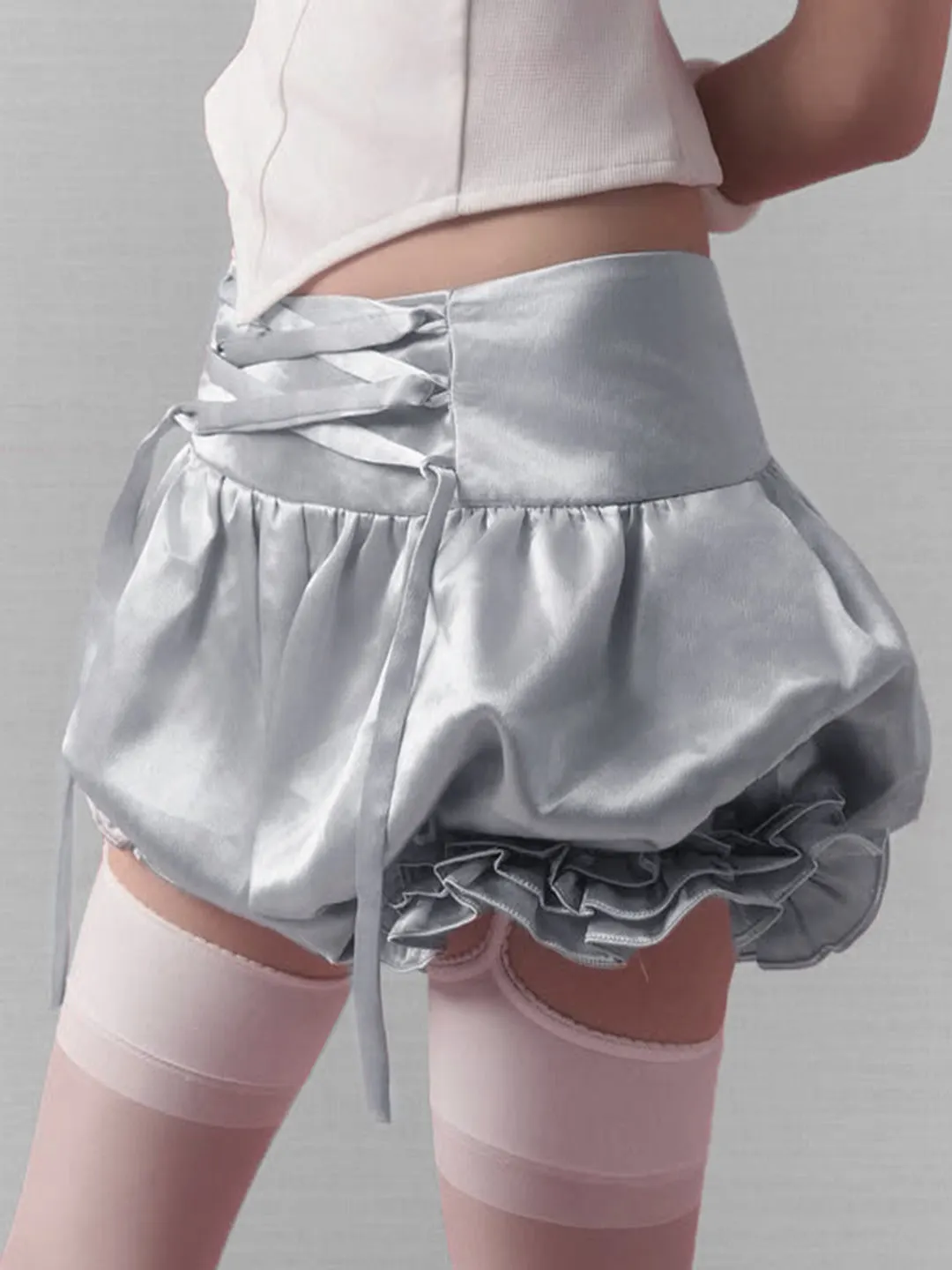 Women Silver Satin Shorts Vintage 2000s Y2k Gyaru Lace Up Micro Shorts Ballet style Hot Pants Shorts Summer Shoujo Clothes 2026
