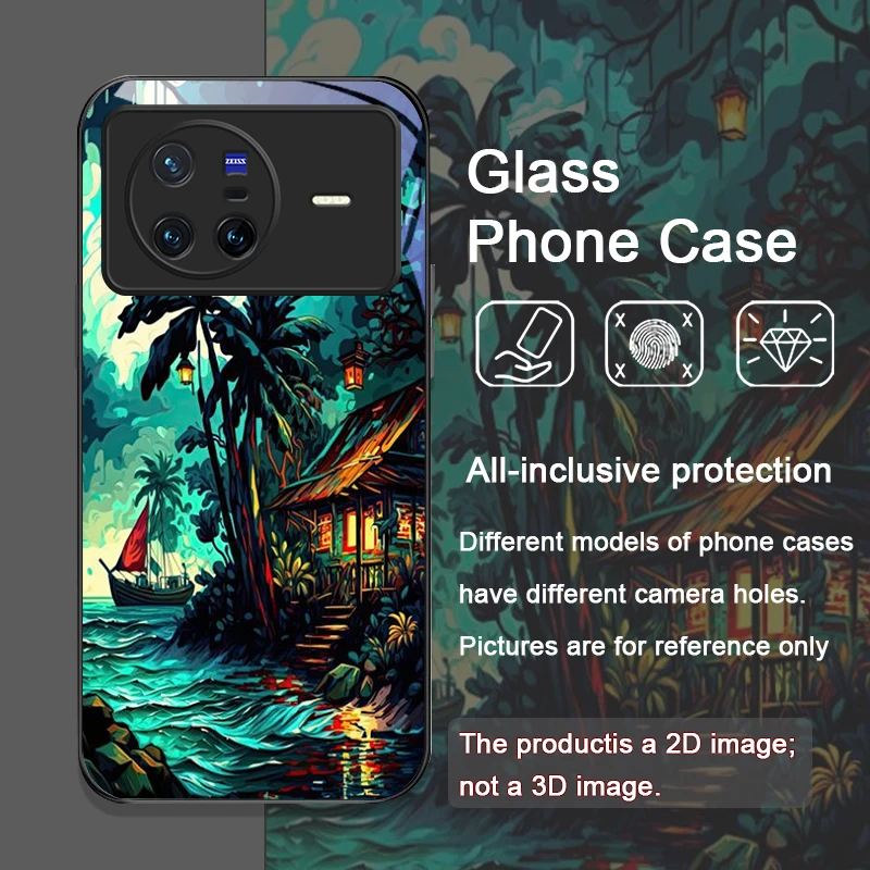 Funda de teléfono de vidrio templado con paisaje costero de árbol de coco costero para OPPO Reno 13 F 12 11 10 ProPlus Find X8 X3 PRO Lite A58