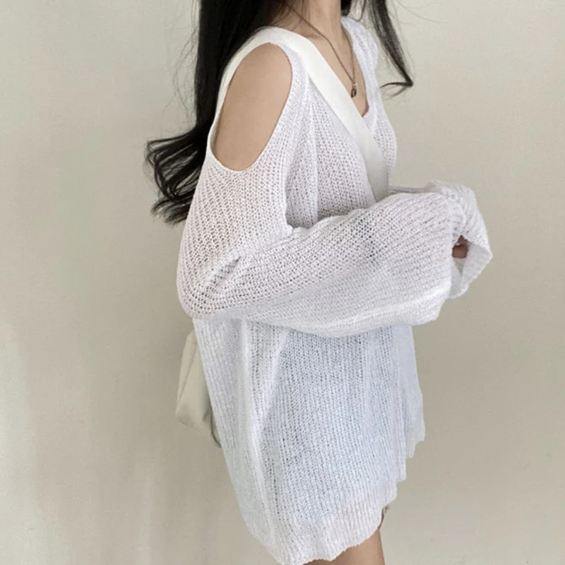 Spring Summer New Knitting Pullovers Women V-neck Fashion Long Sleeve Solid Color Tops Off Shoulder Hollow Out Female Clothing
