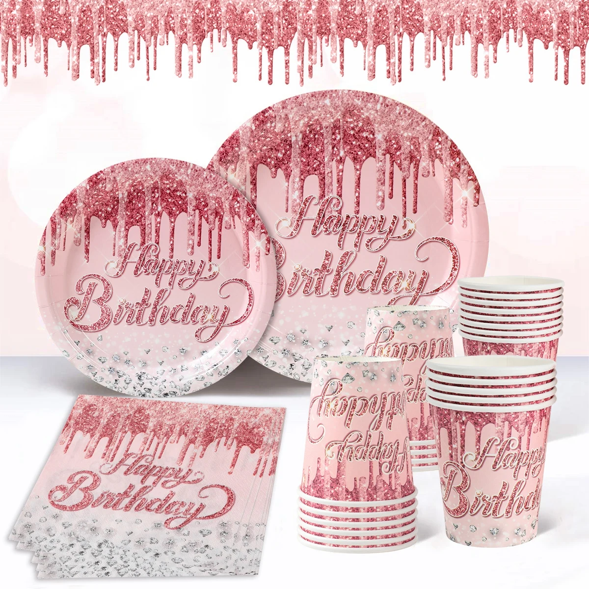 Rose Gold Diamond Birthday Disposable Tableware Set Happy Birthday Party Decorations Kids Favors Gifts Girls Plates Cups Napkins