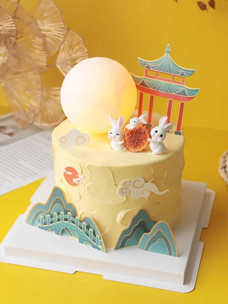 Mid-Autumn Festival Cake Decoration Mini Mooncake Rabbit Doll Ornaments Inserting Chinese Festivals Cake Topper Moon Viewing