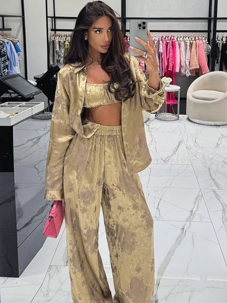 

Wmstar Three Ece Set Women Wholesale Woman 2025 Summer New Fashion Lapel Long-sleeved Shirt Strapless Wide Leg Long Pants