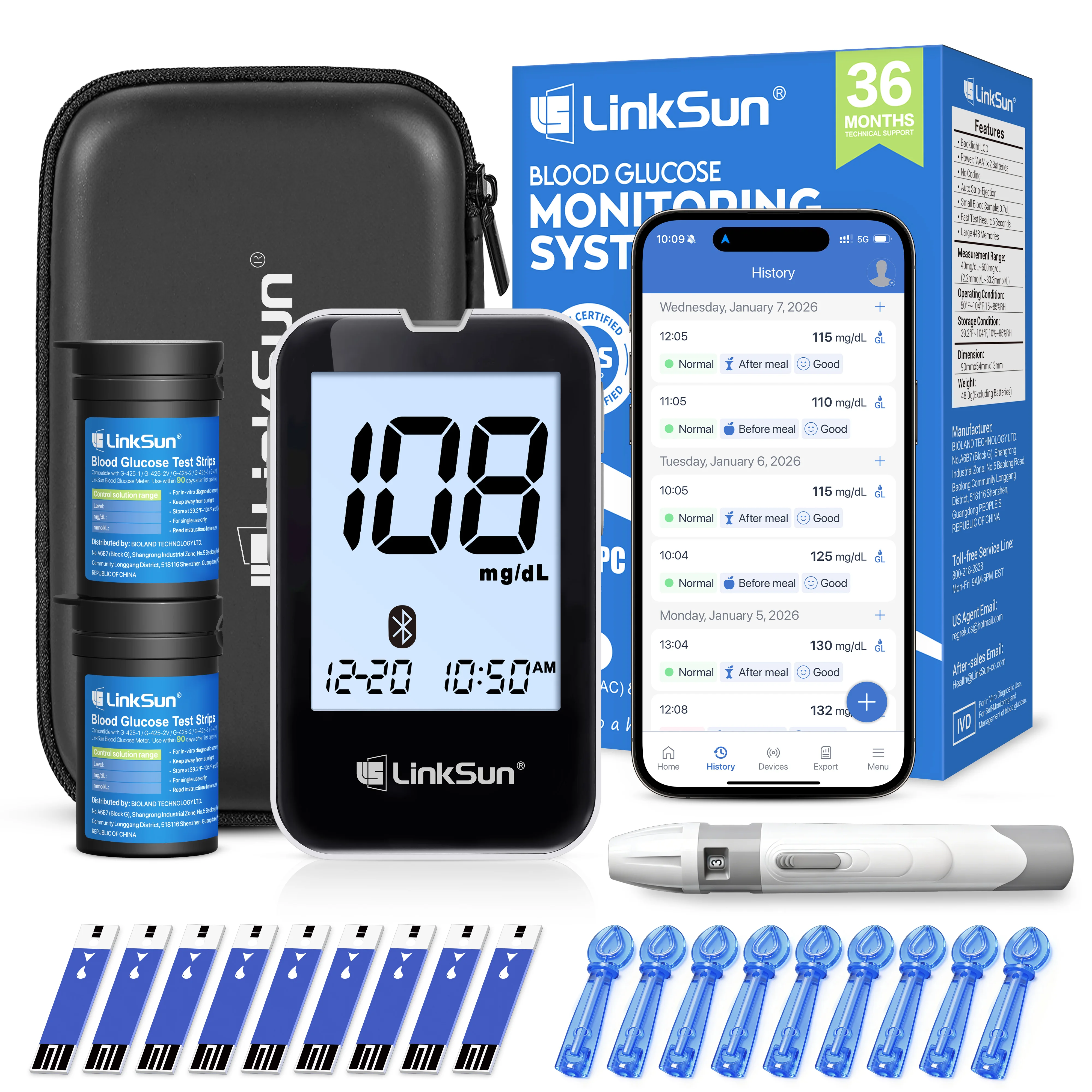 Kit de test de glycémie Bluetooth LinkSun G-427B, 50/100 bandelettes de test, haute précision, grand écran, moniteur de glycémie, sac de voyage