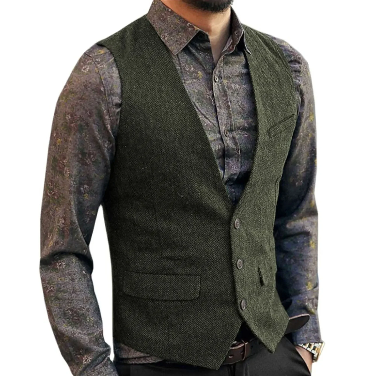 Men's Herringbone Tweed Suit Vest 2025 Single Breasted Slim Fit Waistcoat Males Plus Size Vintage Wool Blend Vest for Men