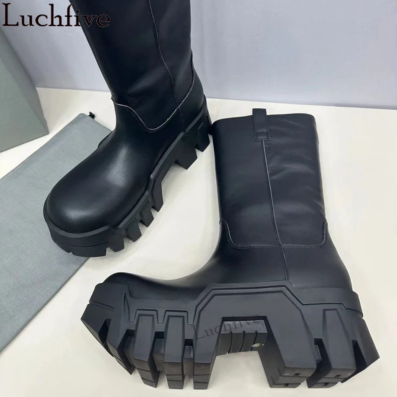 Platform Thick Sole Mid Calf Boots Women Water Proof Non-slip Casual Punk Boots Men 35-46 Plus Size Real Leather Ankle Boots