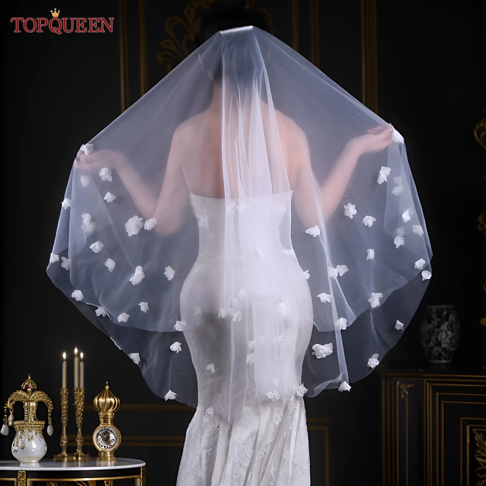 TOPQUEEN Two Layer Wedding Veil 3d Flowers Wedding Veil with Blusher Veu of Short Wedding can Cover Face Bride Accessories V111