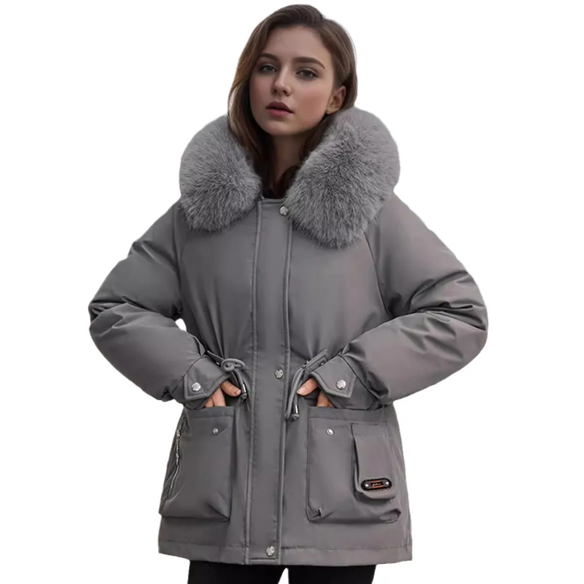 2024 Winter Women\'s Jacket Fur Collar Thicken Warm Casual Cotton Jacket Female 2 Pocket Drawstring Waist Cinching Parka Jacket