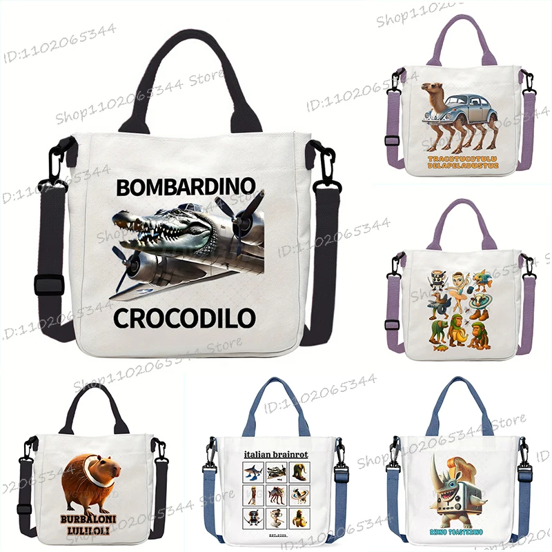 Italian Brainrot Harajuku Bombardino Crocodilo Messenger Bag Women Men Canvas Zipper Handbags Meme Animal Funny Shoulder Bags