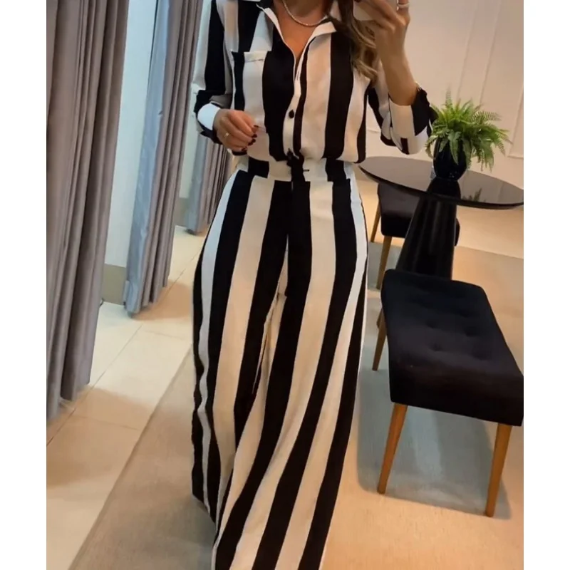 2023European and American Autumn Leisure Fashion Black and White Striped Button Pocket Design Shirt Wide Leg Pants Two-Piece Set