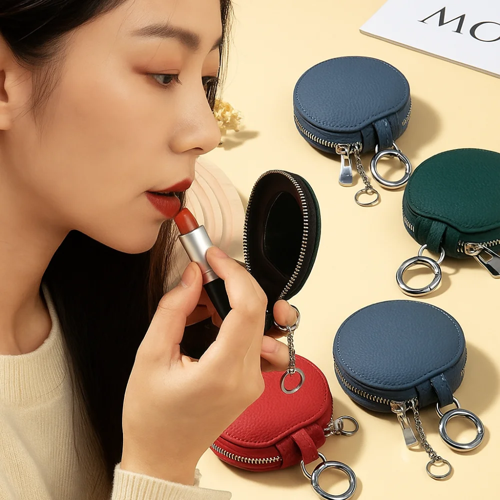 

Fashion Cute PU Leather Coin Purse Zipper with Mirror Round Wallet Korean Style Small Lipstick Storage Bag Mini Storage Bag