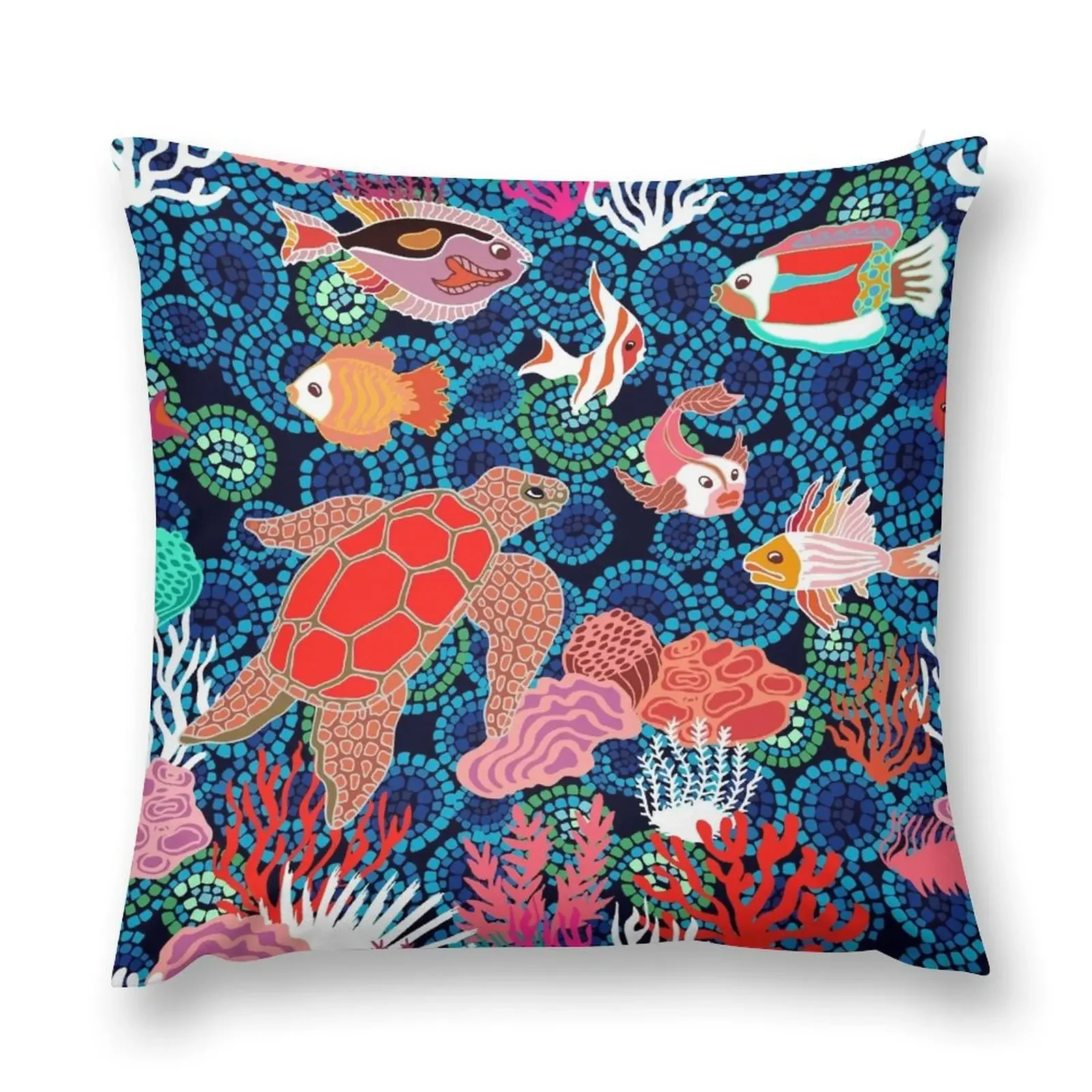 Sea life art. Hand drawn fishes, tortilla and corals on seaweed background. Throw Pillow Cusions Cover pillow