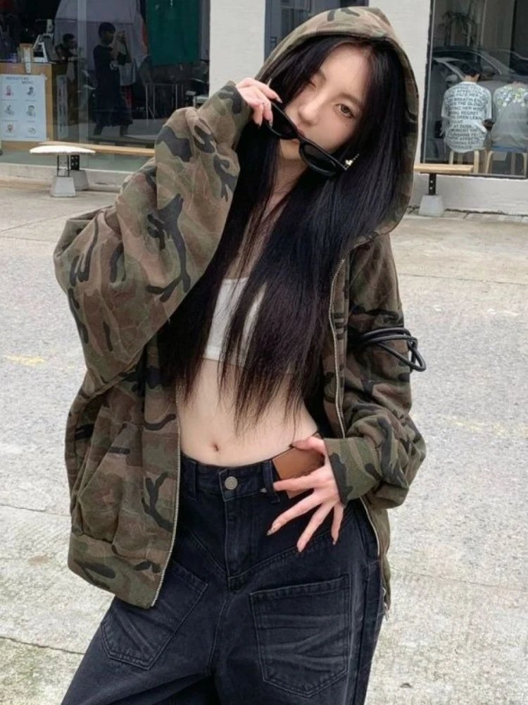 الأمريكية الرجعية نمط التمويه مقنعين البلوز المرأة الخريف عادية سليم صالح جاكيت زيبرا الجمالية الجرونج ثقافة فرعية معطف