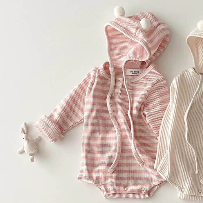 Spring Autumn Newborn Girl Infant Ribbed Solid Casual Long Sleeve Bodysuit + Lacing Caps 2pcs Boy Baby Cotton Striped Onesie