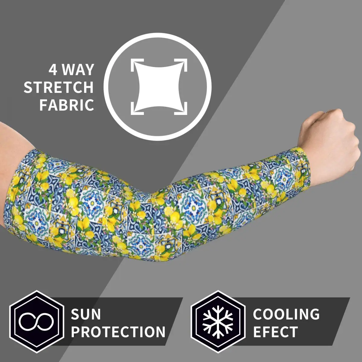 بلاط صقلية لامع للبحر الأبيض المتوسط مع أكمام أذرع تبريد من الحمضيات والليمون للرجال والنساء للحماية من الأشعة فوق البنفسجية لتغطية الوشم وركوب الدراجات الرياضية