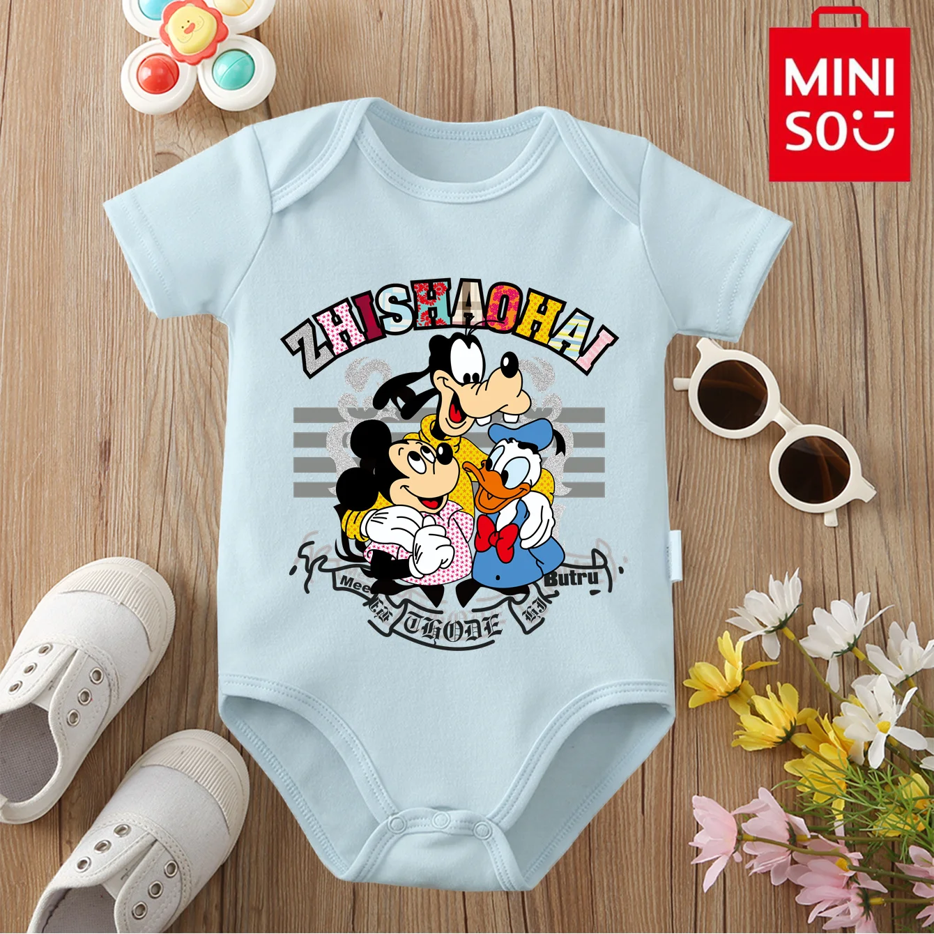 

MINISO & Disney, детская одежда из 100% хлопка, детский комбинезон, боди с Микки Винни-Пухом, милый принт для новорожденных от 0 до 12 месяцев