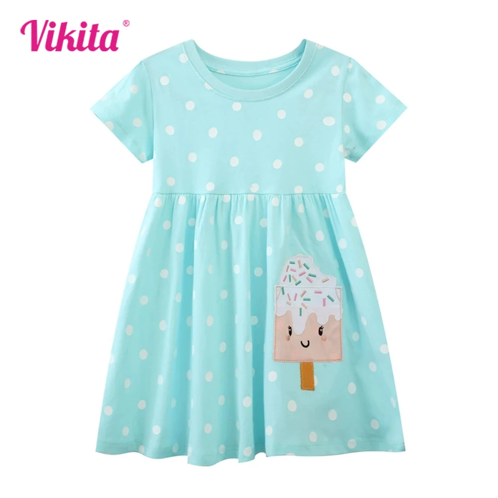VIKITA 2025 New Girls Summer Short Sleeve Dresses Kids Blue Polka Dot Ice Cream Cotton Daily Casual Straight Frocks Kids Clothes