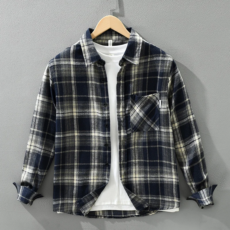 2026 Spring Autumn New Vintage Plaid Comfort Brushed Shirts for Men Sense of Layering Streetwear Men Tops