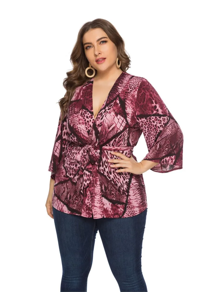 Plus Size Spring Summer V-Neck Tops Women Print Fashion One Piece Ladies Blouses Loose Ruffle Pleated Casual Woman Tops