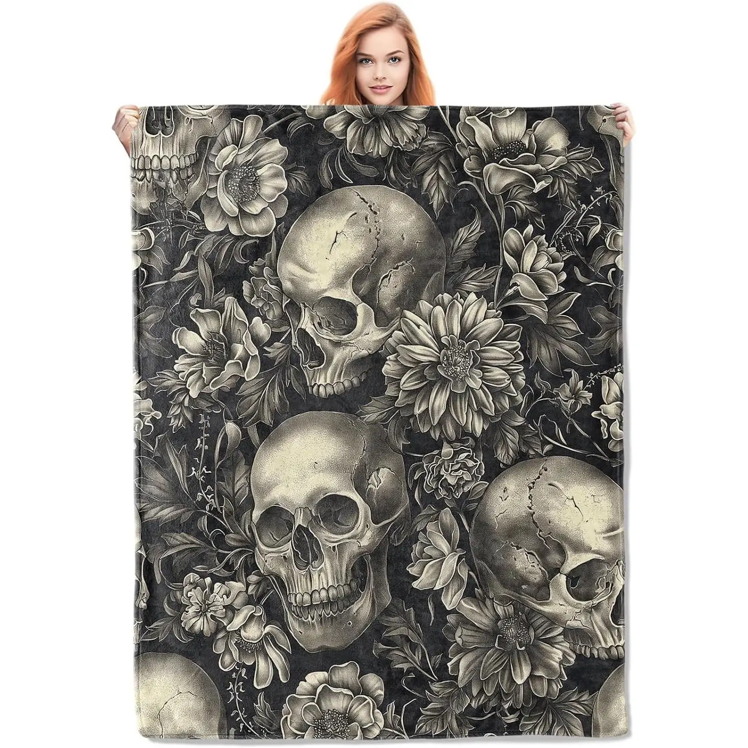 

Gothic Garden Skull Fleece Blanket Gifts Dark Floral and Skeleton Design Soft Throw 50x60 inches Elegant Home Halloween Decor